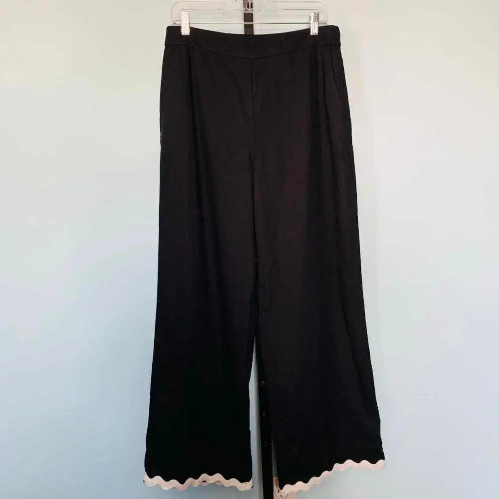 NWT Ann Taylor Linen Wide Leg Pants With Ricrac Scalloped Hem In Black Size 8 - Picture 3 of 10